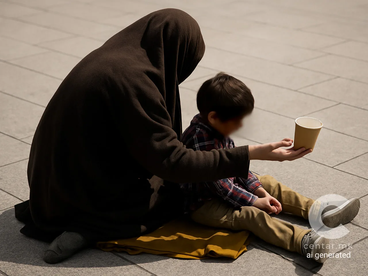 Возрасна личност и дете седат на улица и бараат помош со хартиена чаша, без видливи лица, симбол на питачење и детска ранливост