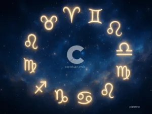 Илустративна астролошка слика со хороскопски симболи, генерирана со вештачка интелигенција