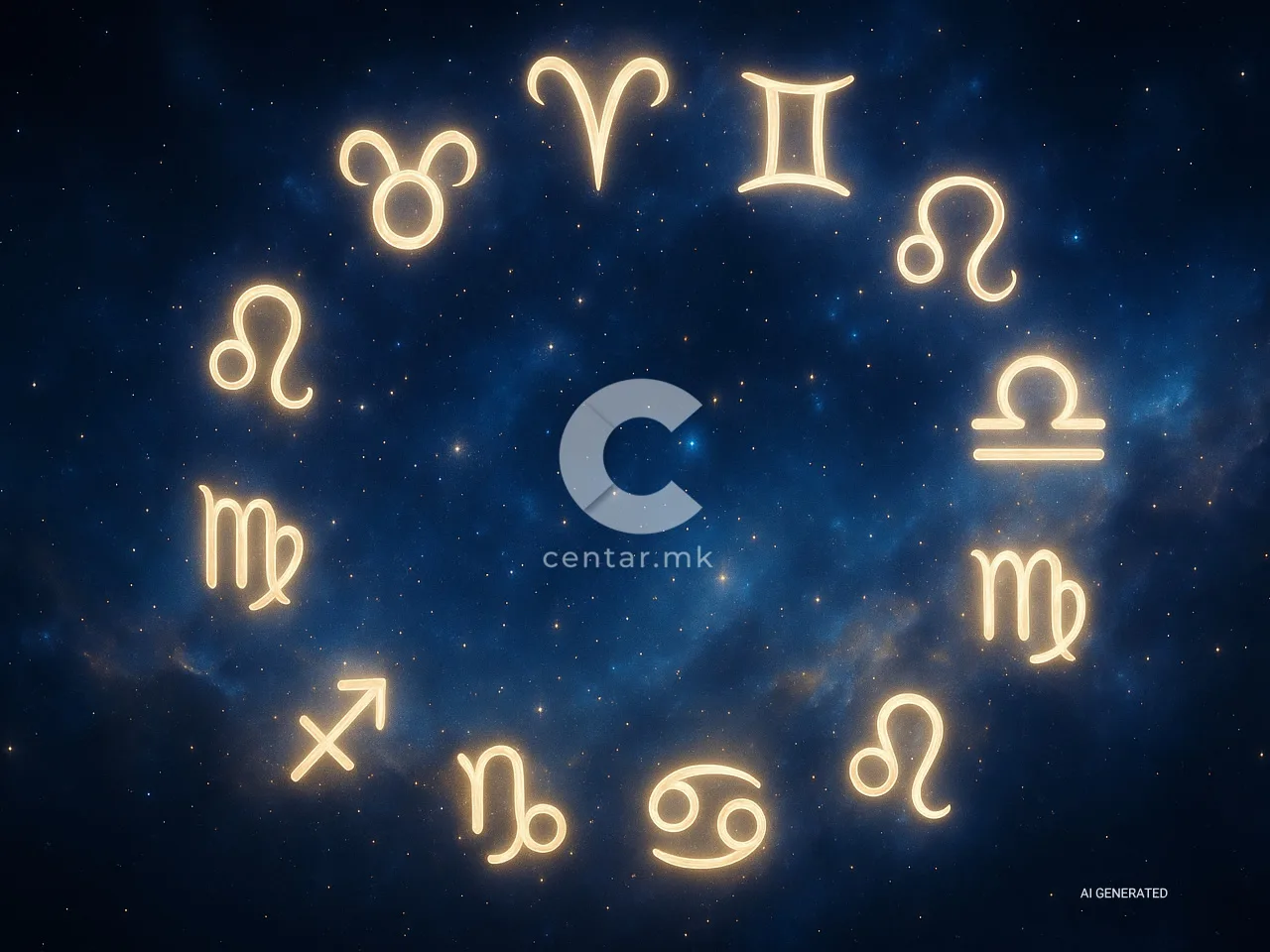 Илустративна астролошка слика со хороскопски симболи, генерирана со вештачка интелигенција